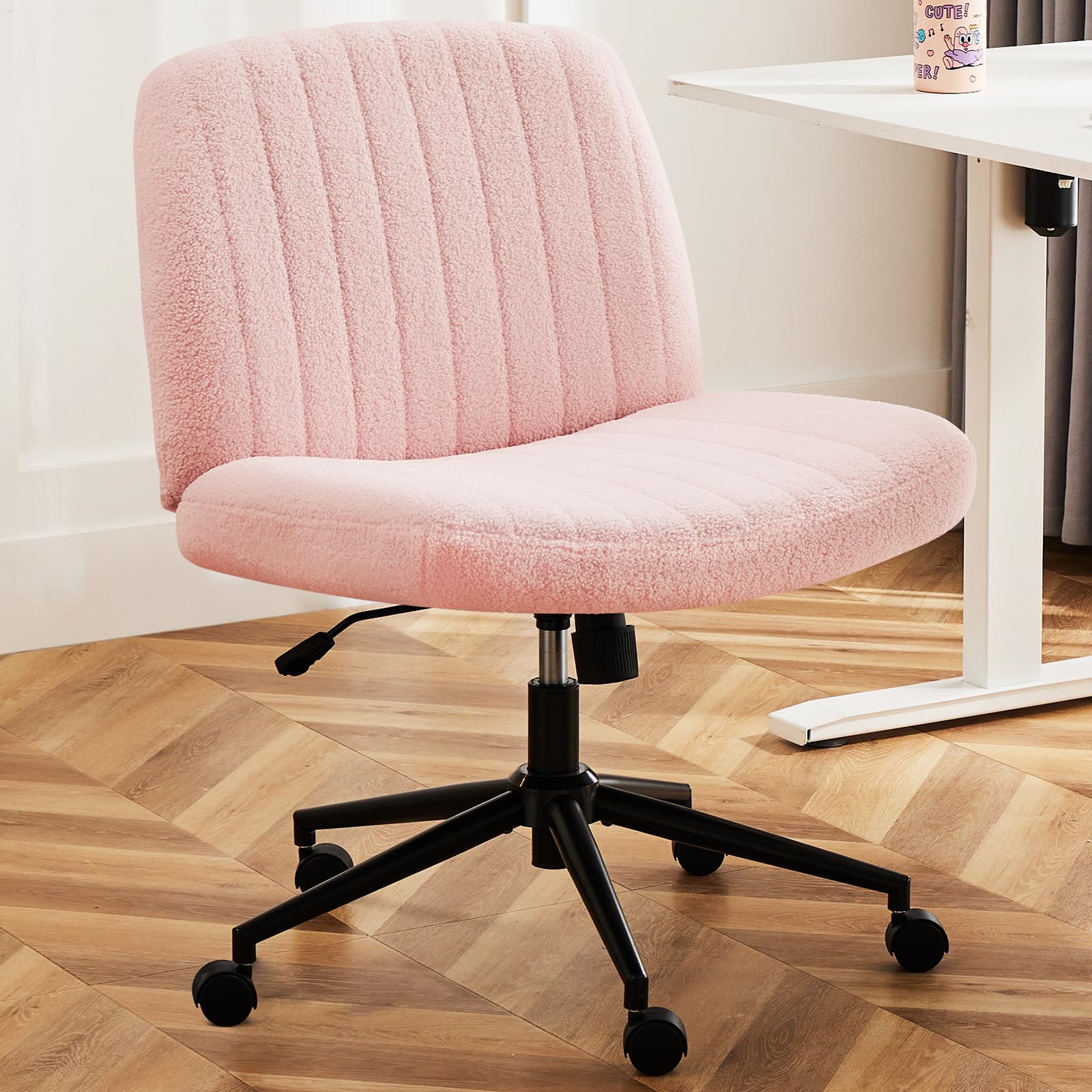 Photo 1 of *Bottom pieces missing* DUMOS Criss Cross Chair with Wheels, Legged Office Armless Wide Desk Seat with Dual-Purpose Base, Adjustable Swivel Teddy Fabric Task Vanity Home Bedroom, Pink