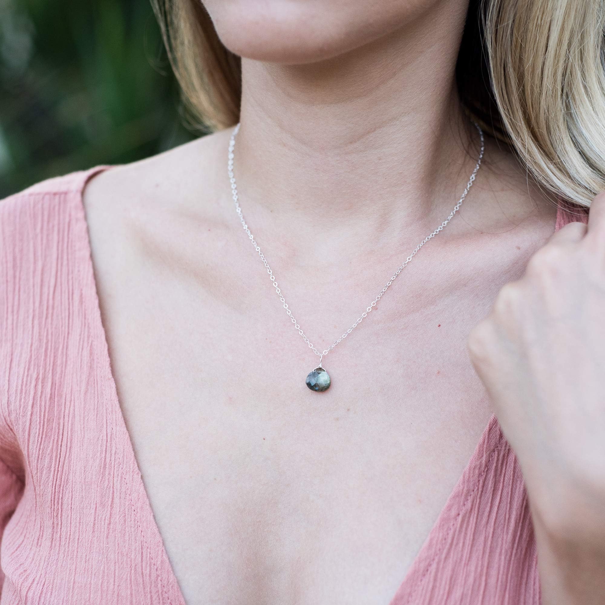 Tiny labradorite teardrop necklace in 925 sterling silver - 16" chain with 2" extender