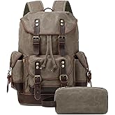 Yamons Vintage Leather Canvas Backpack, Waxed Canvas Shoulder Rucksack for Travel Laptop Bag for Business Travel Backpack With Toiletry Bag(Army Green)
