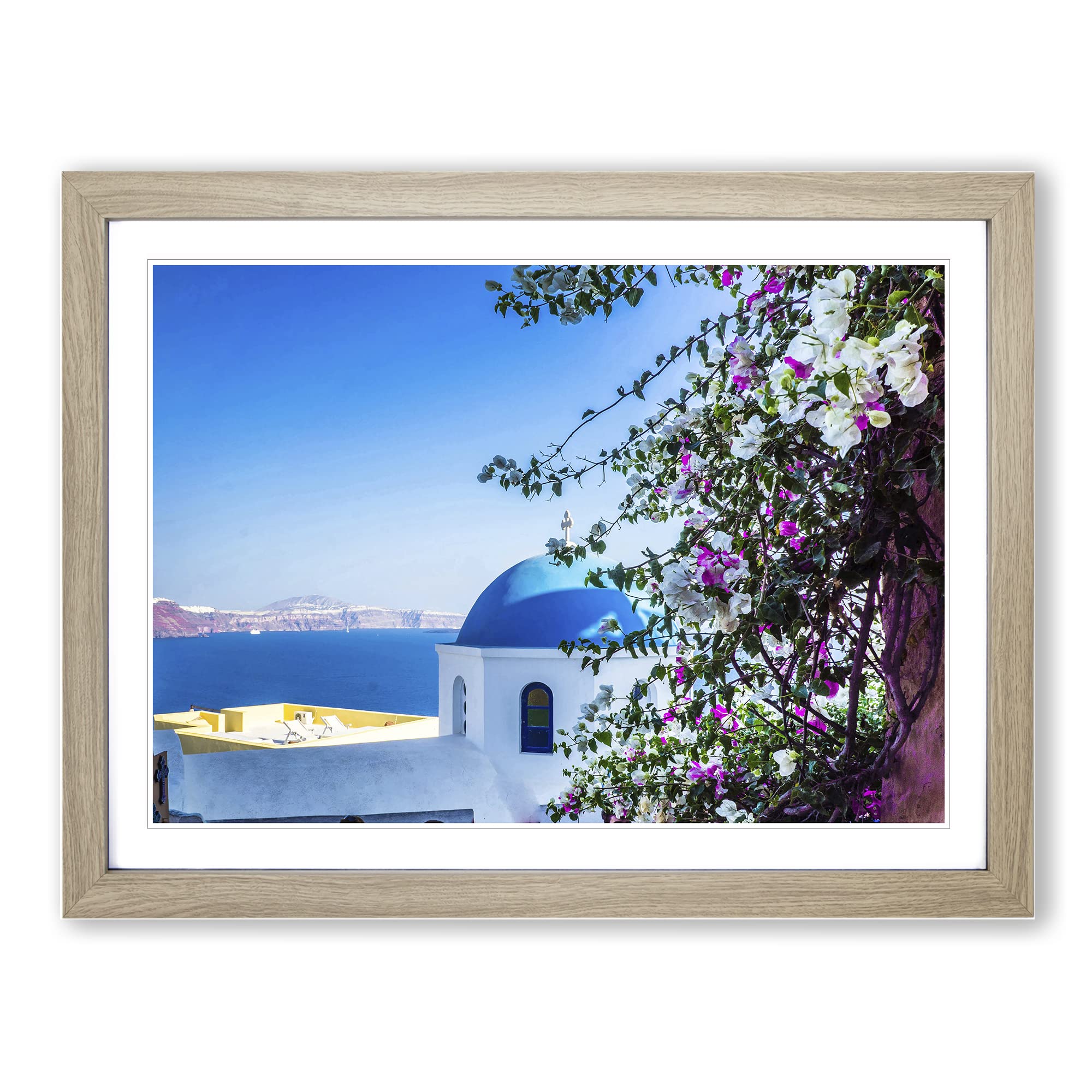 Santorini Blue Domed Church Greece 2 Modern Framed Wall Art Print, Ready to Hang Picture for Living Room Bedroom Home Office Décor, Oak A4 (34 x 25 cm)