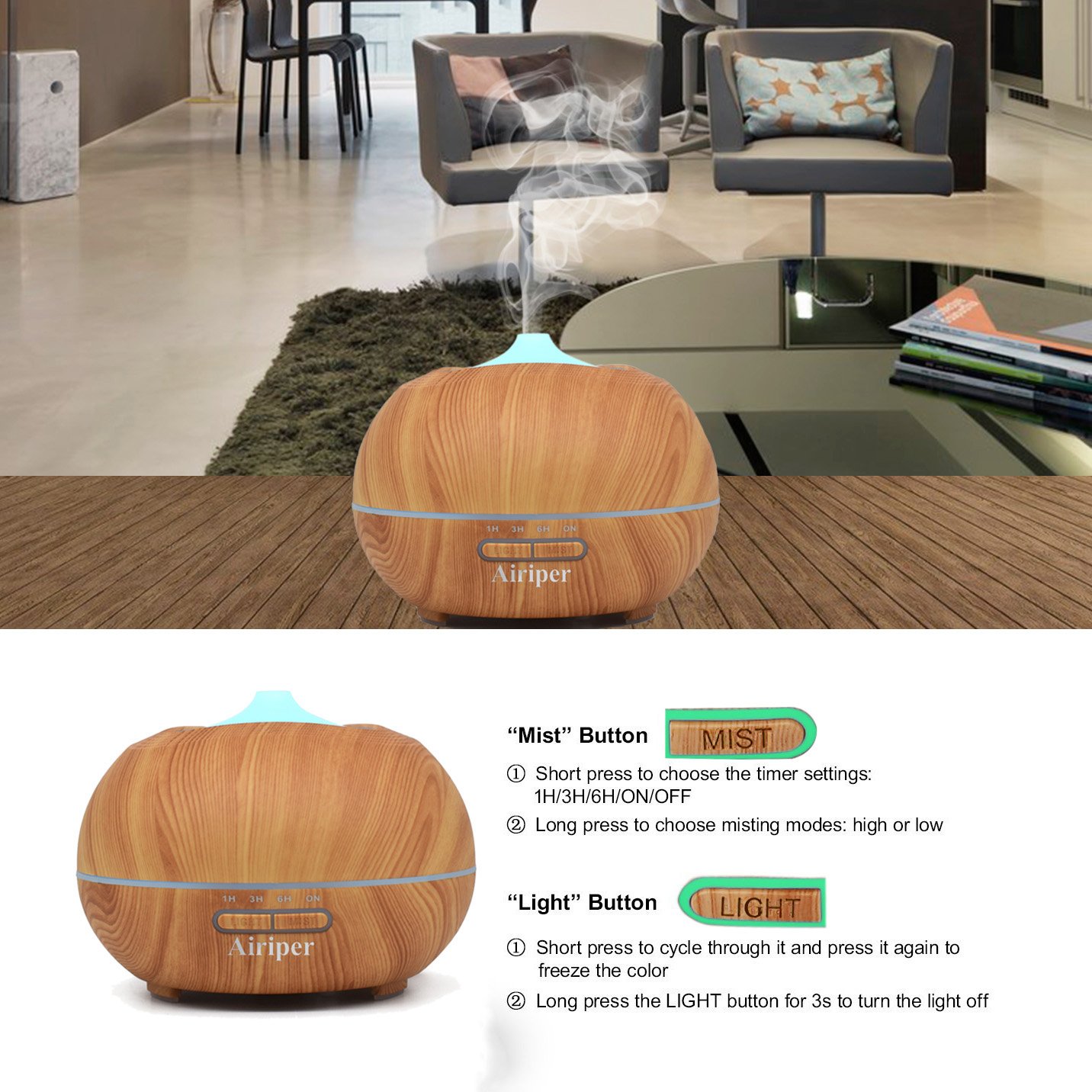 Airiper 400ml Aroma Essential Oil Diffuser, Portable Wood Grain Aromatherapy Humidifier Ultrasonic Cool Mist Air Purifiers w 7 Color LED Lights, 4 Timer Settings, Waterless Auto Shut-Off Features