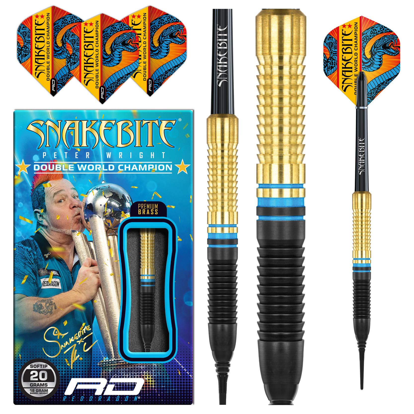RED DRAGON Peter Wright Snakebite 18G Barrel 20G Full Weight Soft Tip Brass Darts Set with Dart Flights and Dart Shafts (Stems)