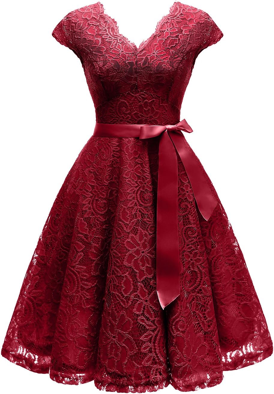 Vinvv Women's Vintage Lace Dress V Neck Bridesmaid Cocktail Party Dress