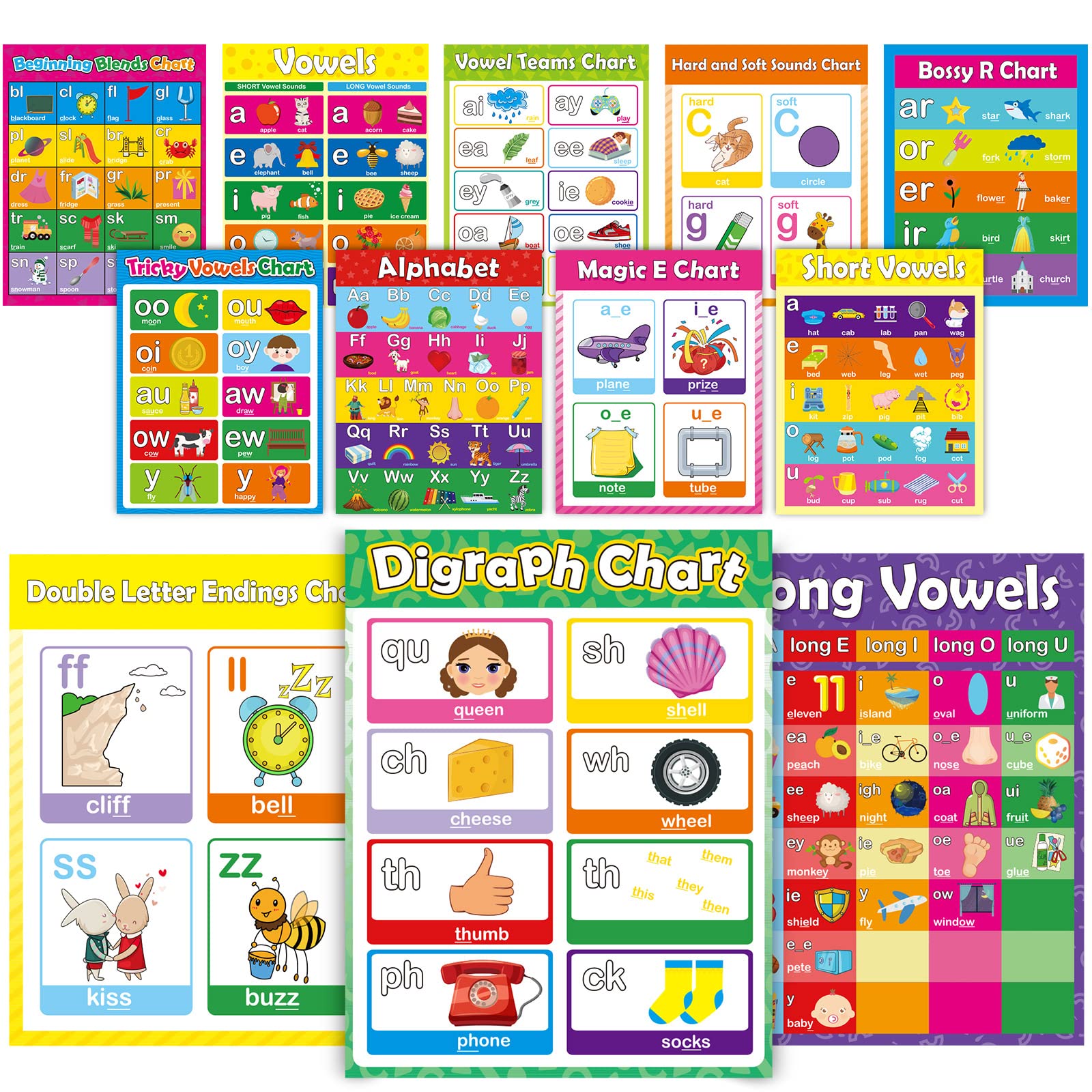 Photo 1 of 12 Pieces English Phonics Language Posters Learning Education Decorations for Kindergarten Word Wall Phonics Charts for Toddlers Alphabet Flash Cards Learning Materials for Preschool Primary School