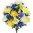 Admired By Nature 36 Stem Artficial Flowers Peony Rose Lily Spring Faux Flower Arrangement for Outdoor & Indoor Wedding Centerpieces Home Decor, Cemetery Decorations for Grave, Yellow Blue Crème