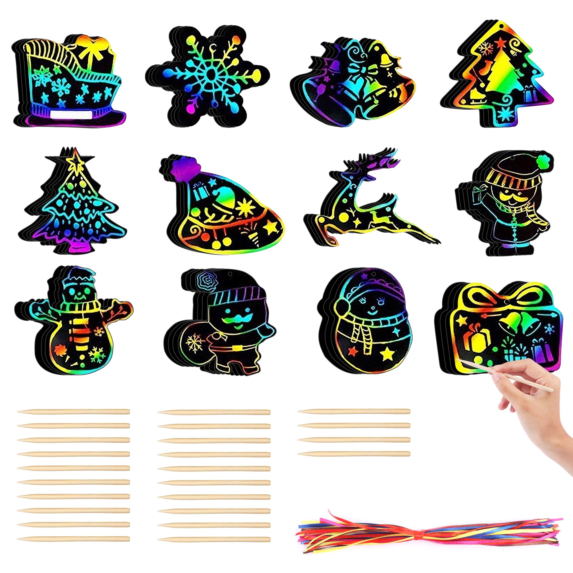 48 Pcs Christmas Scratch Crafts for Kids, DIY Rainbow Scratch Paper, Xmas Scratch Crafts with 24 Wooden Stylus 48 Ribbons for Party Bag Fillers Christmas Nativity Scratch Cards Ornament