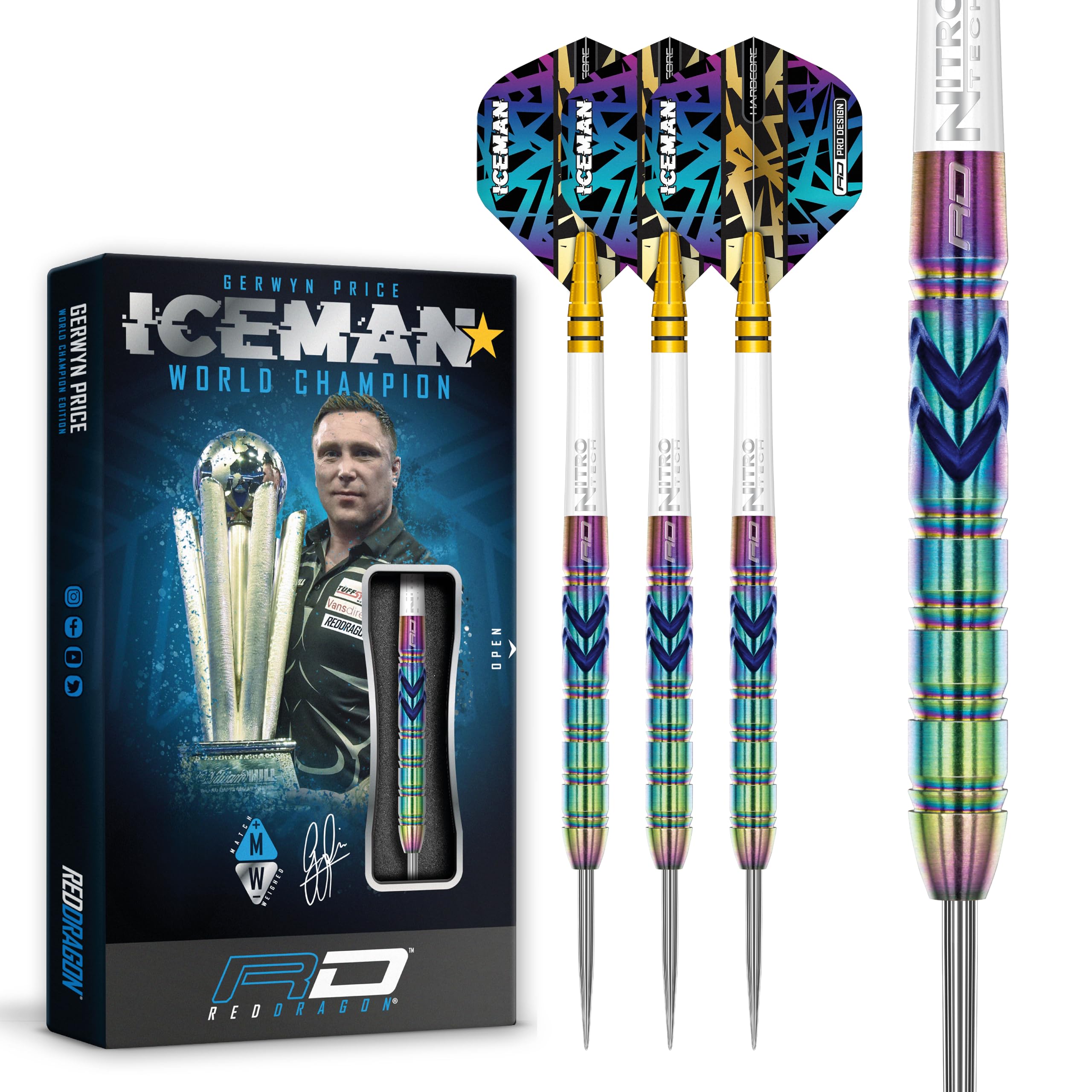 RED DRAGON Gerwyn Price Iceman Ionic 21g Professional 90% Tungsten Darts Set with Hardcore Iceman Flights & Nitrotech Stems