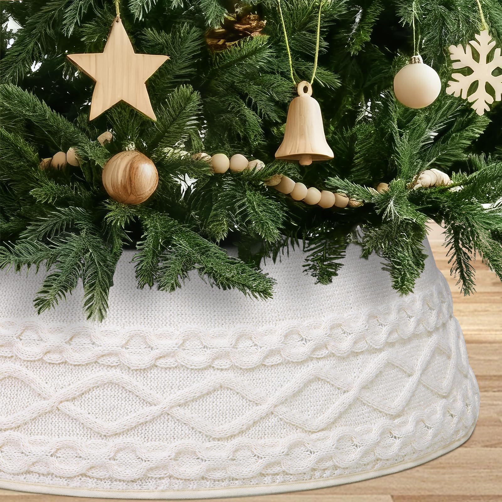 Photo 1 of ASTNIC Knitted Christmas Tree Collar, Cable Knit Christmas Tree Skirt Xmas Tree Stand Base Cover Rustic Handmade Tree Ring Tree Skirt for Artificial Trees Christmas Farmhouse Home Decor (White)