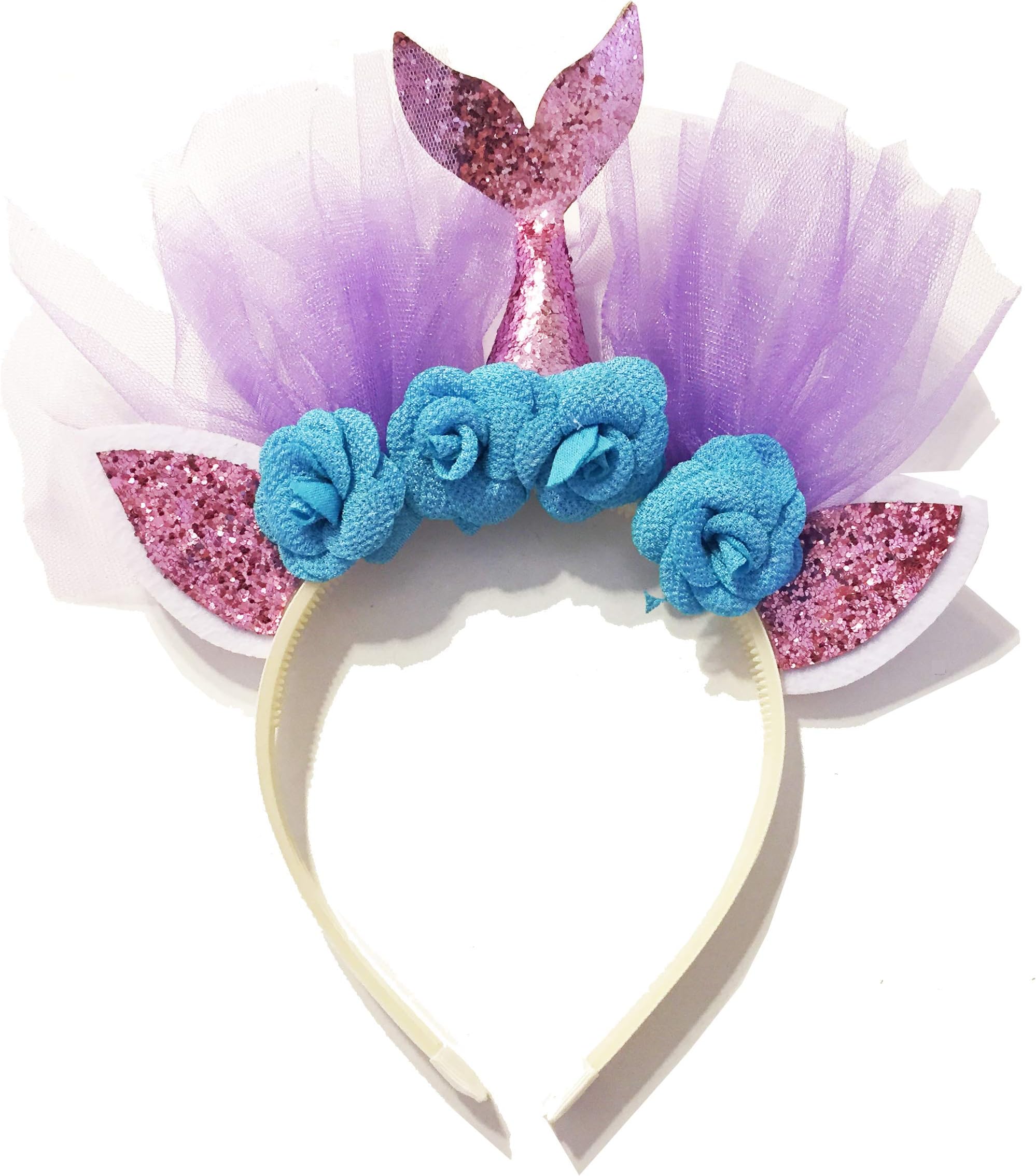 United Unicorns Best Mermaid Hairband Unicorn Cat Ears Girls Headband Tiara (Mermaid pink Tail Blue Flowers)