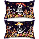 FARMNALL Day of The Dead Pillow Covers Dia De Los Muertos Sugar Skull Flower Throw Pillow Covers 12x20 Set of 2 Day of The Dead Deocr Pillow Case Mexican Fiesta Decorations and Supplies