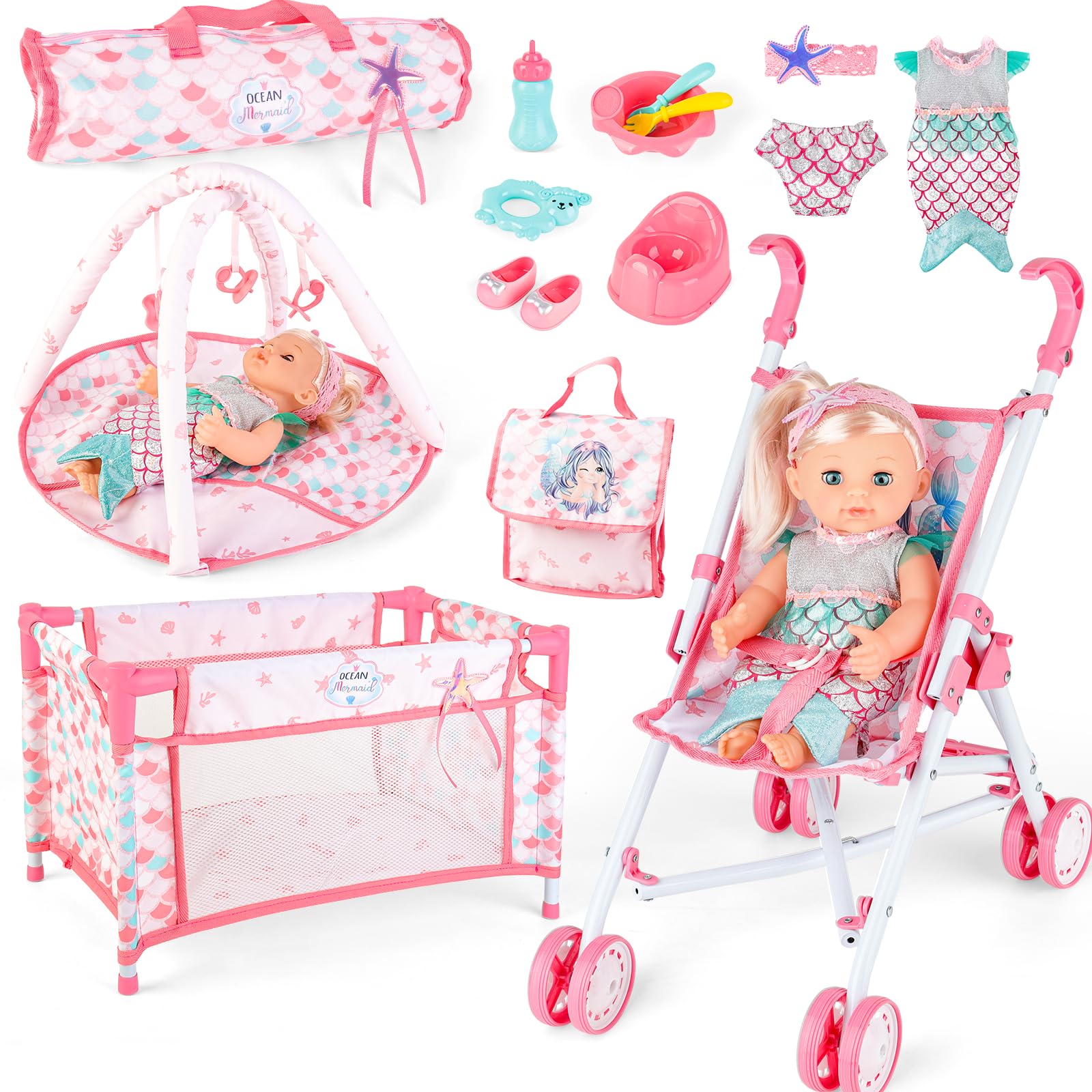 Photo 1 of deAO Baby Doll Stroller Crib Bed Nursery Role Play Set Baby Doll Accessories and Play Mat,Travel Cot,Foldable Stroller and Travel Bag Birthday for Girls Boys Kids