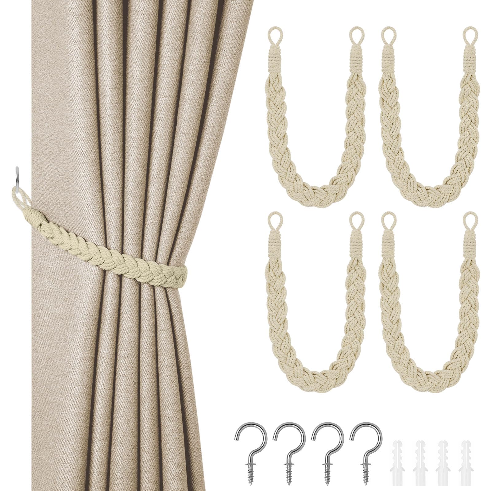 HOTUT Natural Cotton Rope Curtain Tiebacks, 4 Pack Hand Knitting Curtains Tied Rope, Elegant Boho Style Decorative Drape Tie Soft Rope Curtain Holdbacks with Metal Hook for Home & Office, Off White