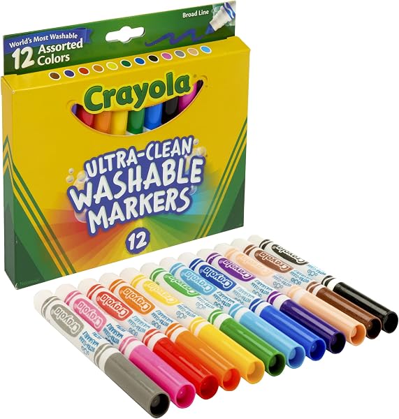 Crayola Broad Line Markers (12 Count), Washable Markers for Kids, Assorted Colors, Arts & Crafts Supplies, For Coloring Books