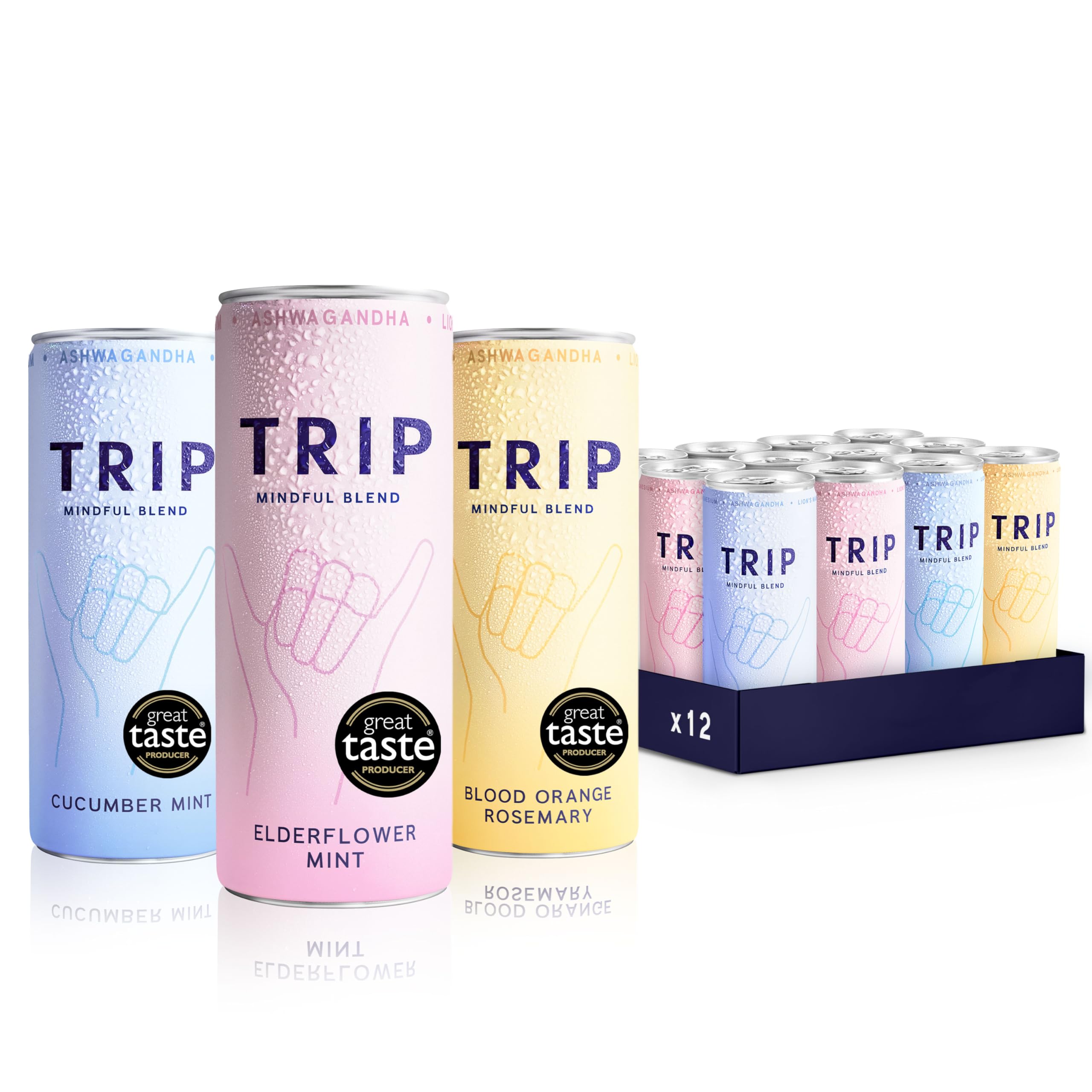 TRIP Mindful Blends - Mixed Pack Sparkling Drink with 1440MG Magnesium + Lion’s Mane + Chamomile + Lemon Balm. Low Calorie and Vegan (Pack of 12 x 250ml)