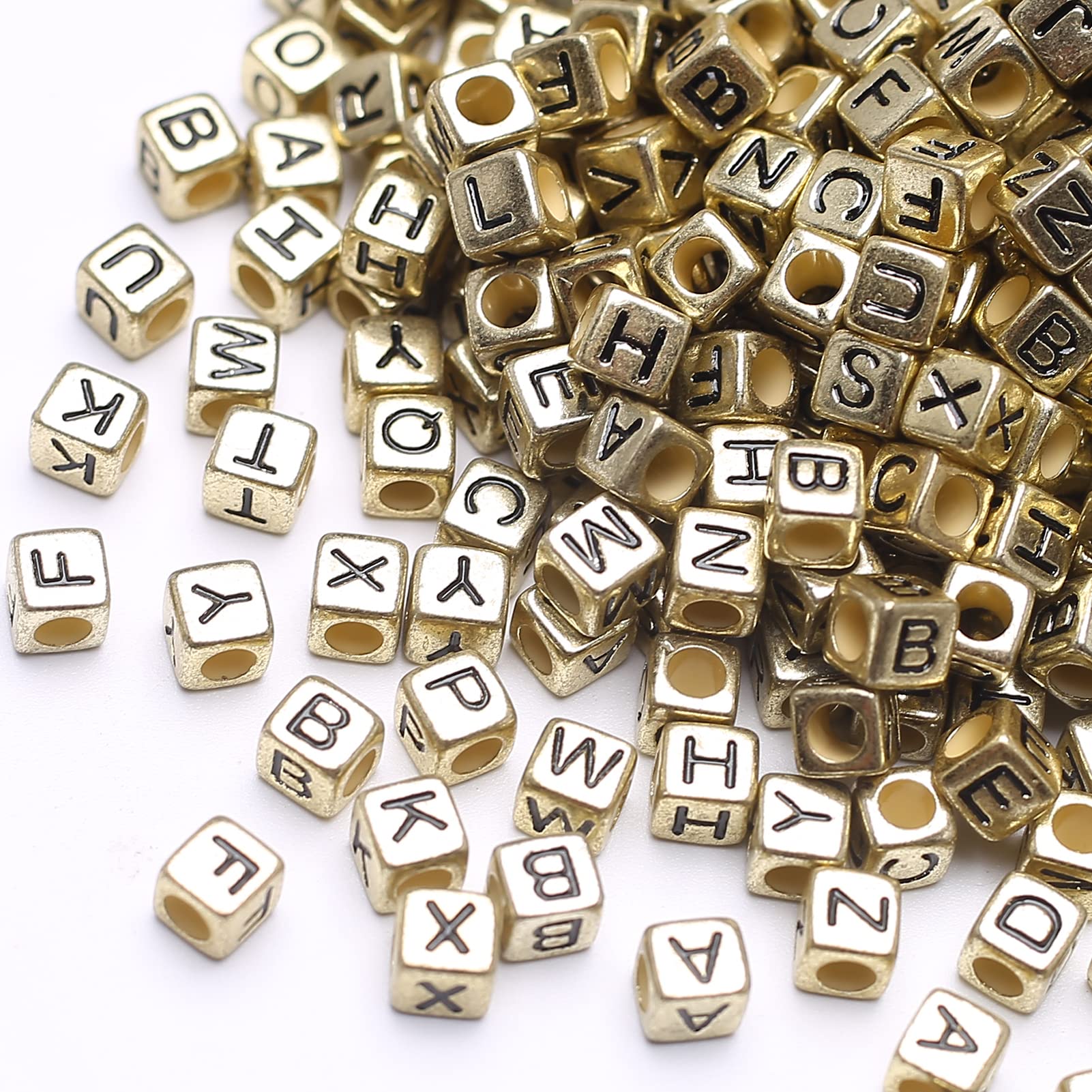 HERZWILD Letter Beads for Threading Approx. 1000 Pieces 6 x 6 mm Letter Beads Square Craft Beads Letters A-Z Beads for Jewellery Crafts (Gold-A)