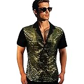 Mr.sequin Men Mesh Sequins See Through 70s Disco Short Sleeve Button Down Shirt