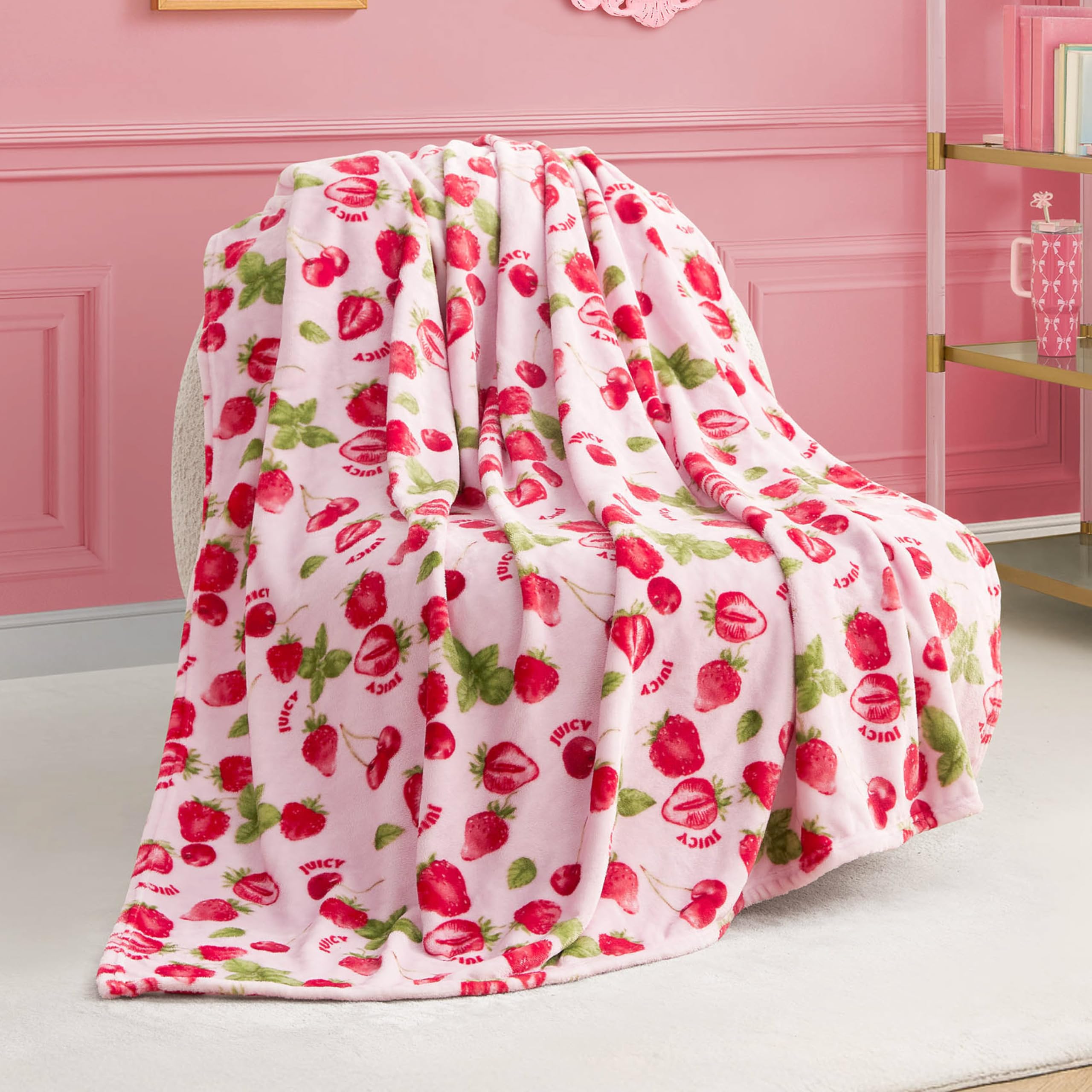 Juicy Couture Berry Happy 50" x 70" Plush Throw Blanket, Pink - Decorative Blankets for Sofas, Throws for Chairs, and Beds Image