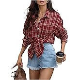 Milumia Women's Plaid Button Down Long Sleeve Collared Shirt Drop Shoulder Oversized Casual Blouse Tops