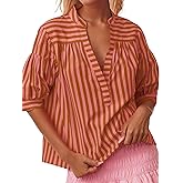 Ymejia Womens Short Puff Sleeve Striped Blouses Top V Neck Loose Fit Casual Summer Work Blouses Striped Shirt
