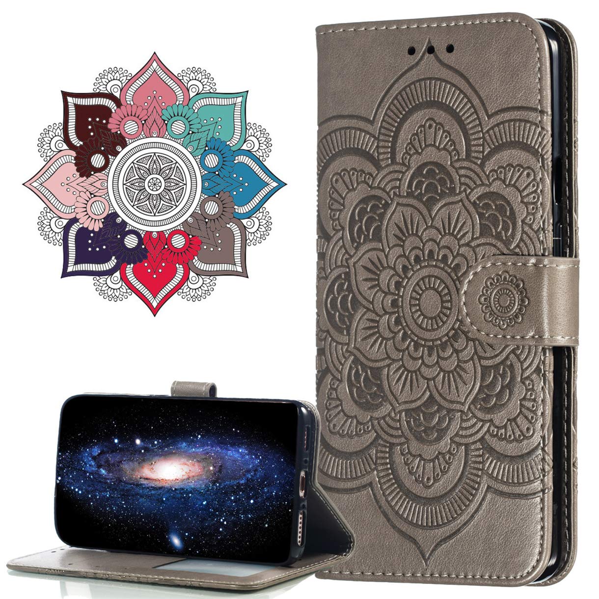 MRSTER Premium Leather Case for iPhone 11 Pro Max, [Stand Support] [Credit Card Holder] [Magnetic Closure] Wallet Case Cover for Apple iPhone 11 Pro Max 6.5". LD Mandala Grey