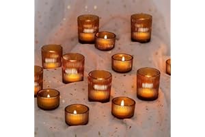 Hewory Glass Tealight Candle Holder: 24 Pcs Amber Votive Candle Holders Tea Lights Candle Holder, Ribbed Tea Light Holders Fall Decorations for Thanksgiving Table Centerpiece Wedding Party Home Decor