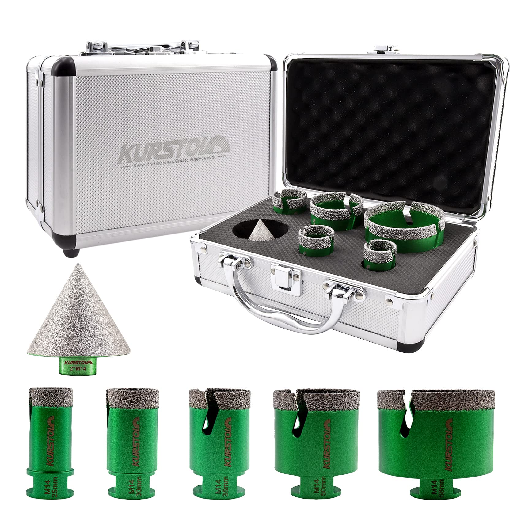 KURSTOL Tile Hole Saw Kit - 5pcs Diamond Core Drill Bits 25/30/35/50/68MM+1pc 50MM Beveling Chamfer Bit M14 thread for Shaping Enlarging Porcelain Ceramic Tile Granite Marble Angle Grinder — image 1