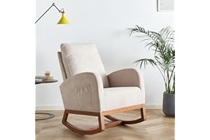 Dolonm Rocking Chair Mid-Century Modern Nursery Rocking Armchair Upholstered Tall Back Accent Glider Rocker for Living Room (Beige)