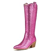 IDIFU IN3 Rhinestone Cowboy Boots For Women Knee High Western Cowgirl Boots Pointed Toe Block Chunky Heels Sparkly Glitter Long Tall Dress Booties Party Bling Shiny Boots