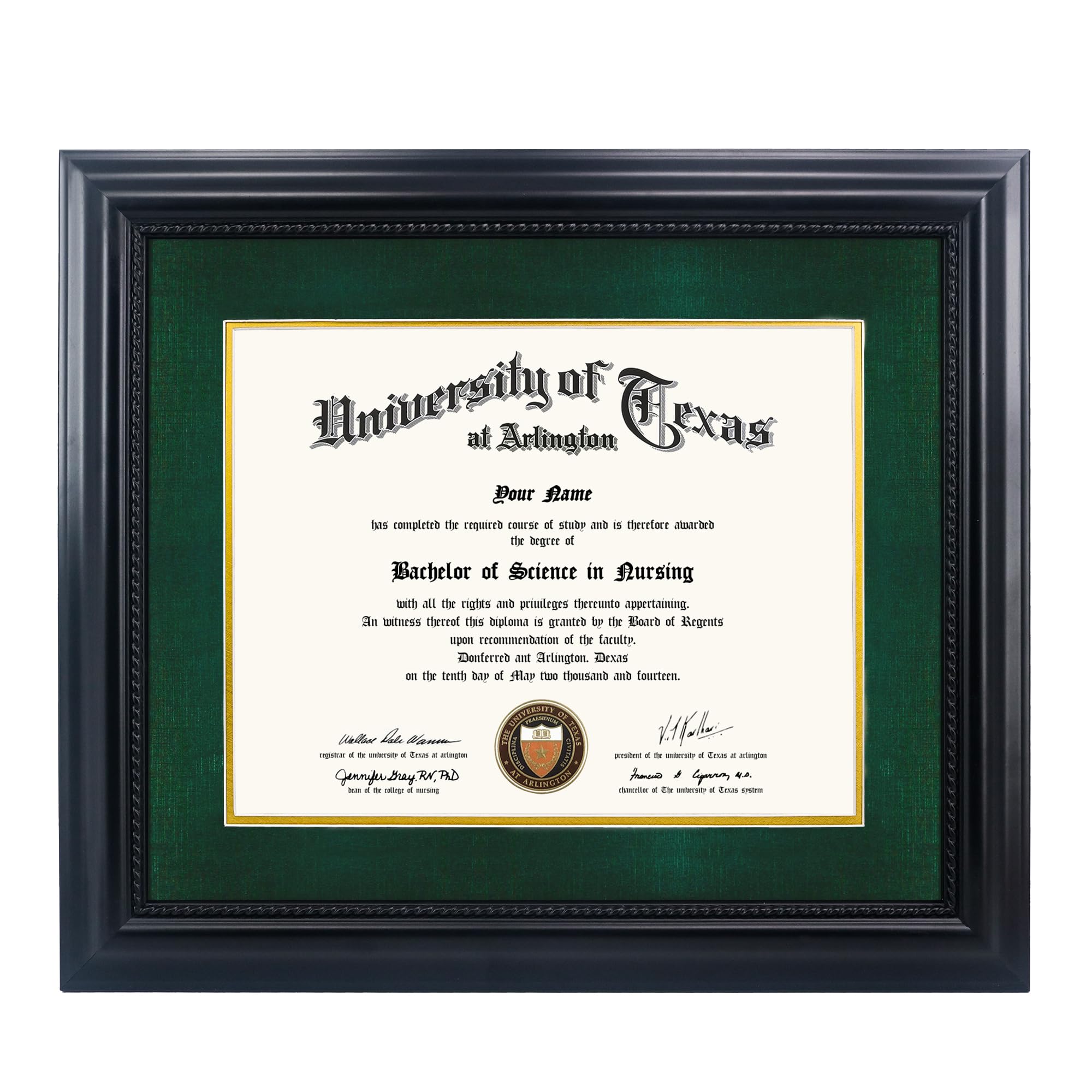 Photo 1 of GMFrames 11x14 Diploma Degree Frame with Green Mat or Display 15x18 Certificates without Mat,Solid Wood,Black Finish with Intricate Black Rope Detail,UV Protection Acrylic