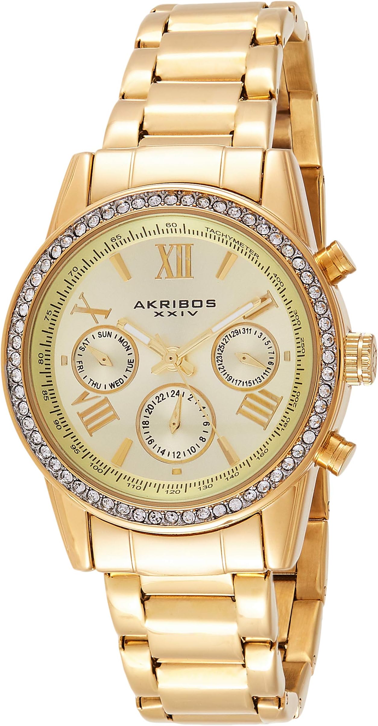 Akribos XXIV Women's Crystal Accent Watch - Multifunction 3 Subdials Day, Date and GMT On Stainless Steel Braclet - AK872