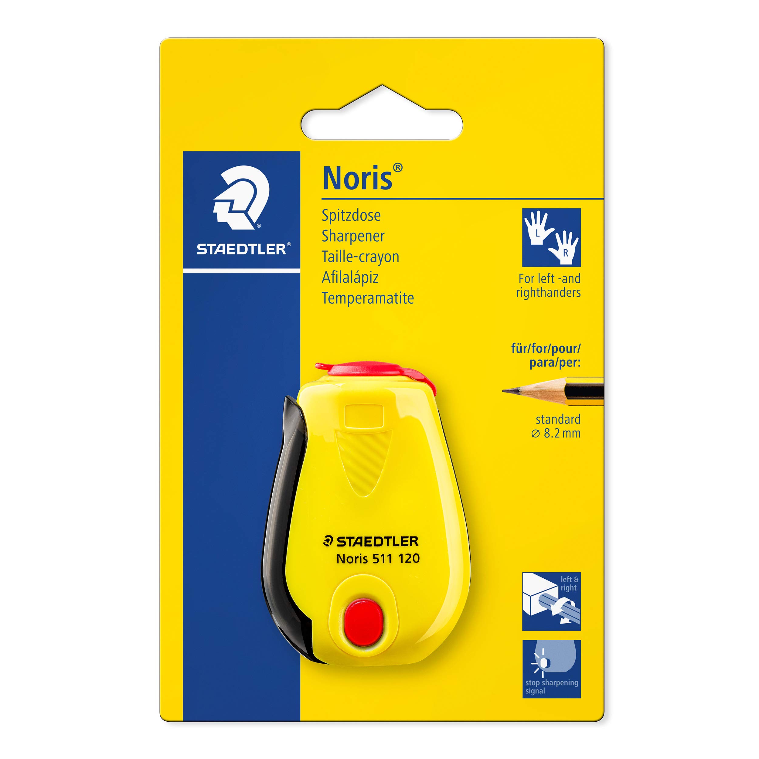 Staedtler Noris 511 120 BK Sharpener for Pens up to 8.2 mm, Suitable for Left and Right Handed Users, Ratchet Function, Point Stop Indicator, Both Directions Tips, Sharpener on Blister Card