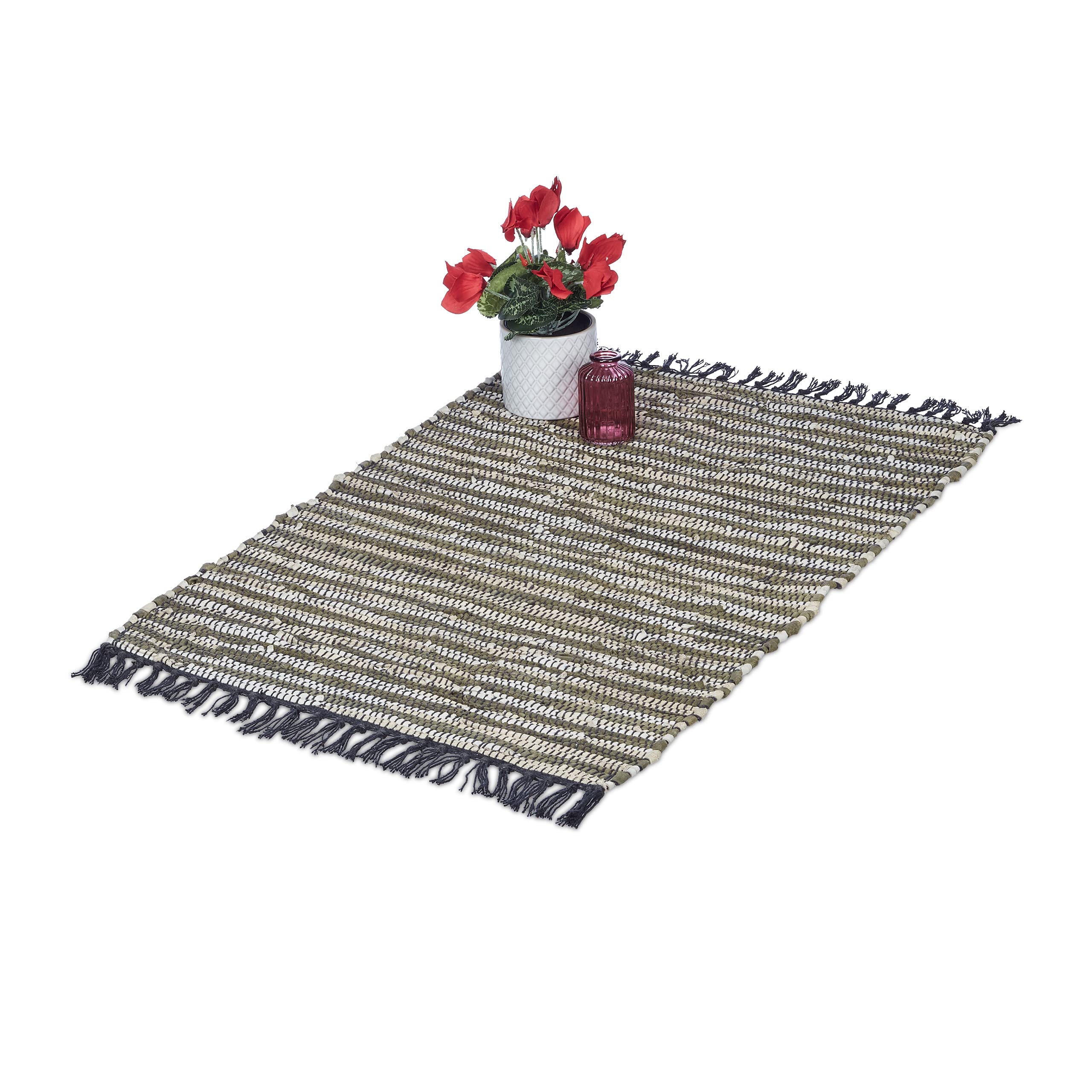 Relaxdays Boho Runner Rug, Cotton and Leather, 60x100 cm, Khaki