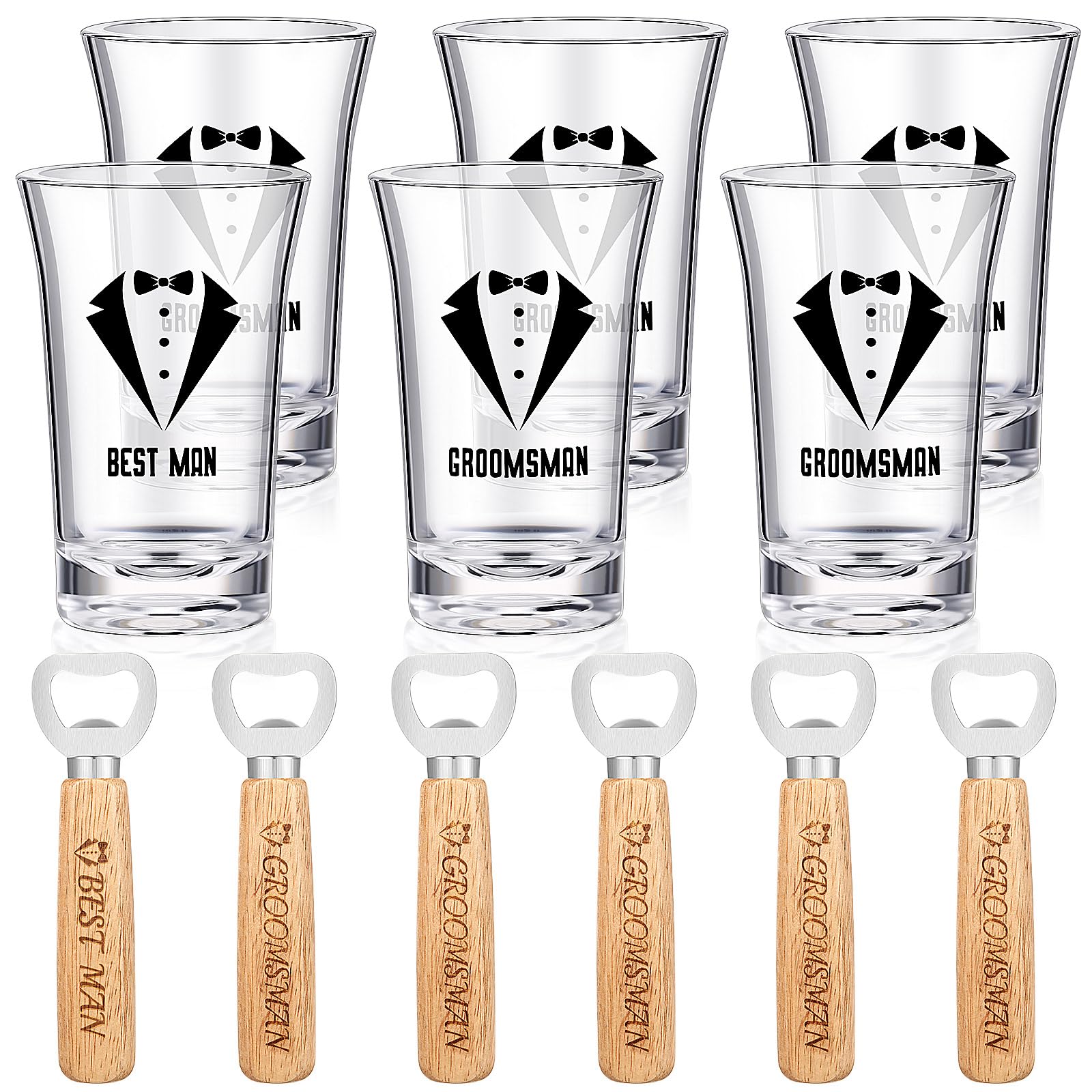 Photo 1 of Didaey 12 Pcs Groomsmen Shot Glasses and Beer Bottle Opener Set Include 6 Best Man Shot Glasses and 6 Bottle Opener Bulk Groomsman Proposal Gifts for Wedding Favor