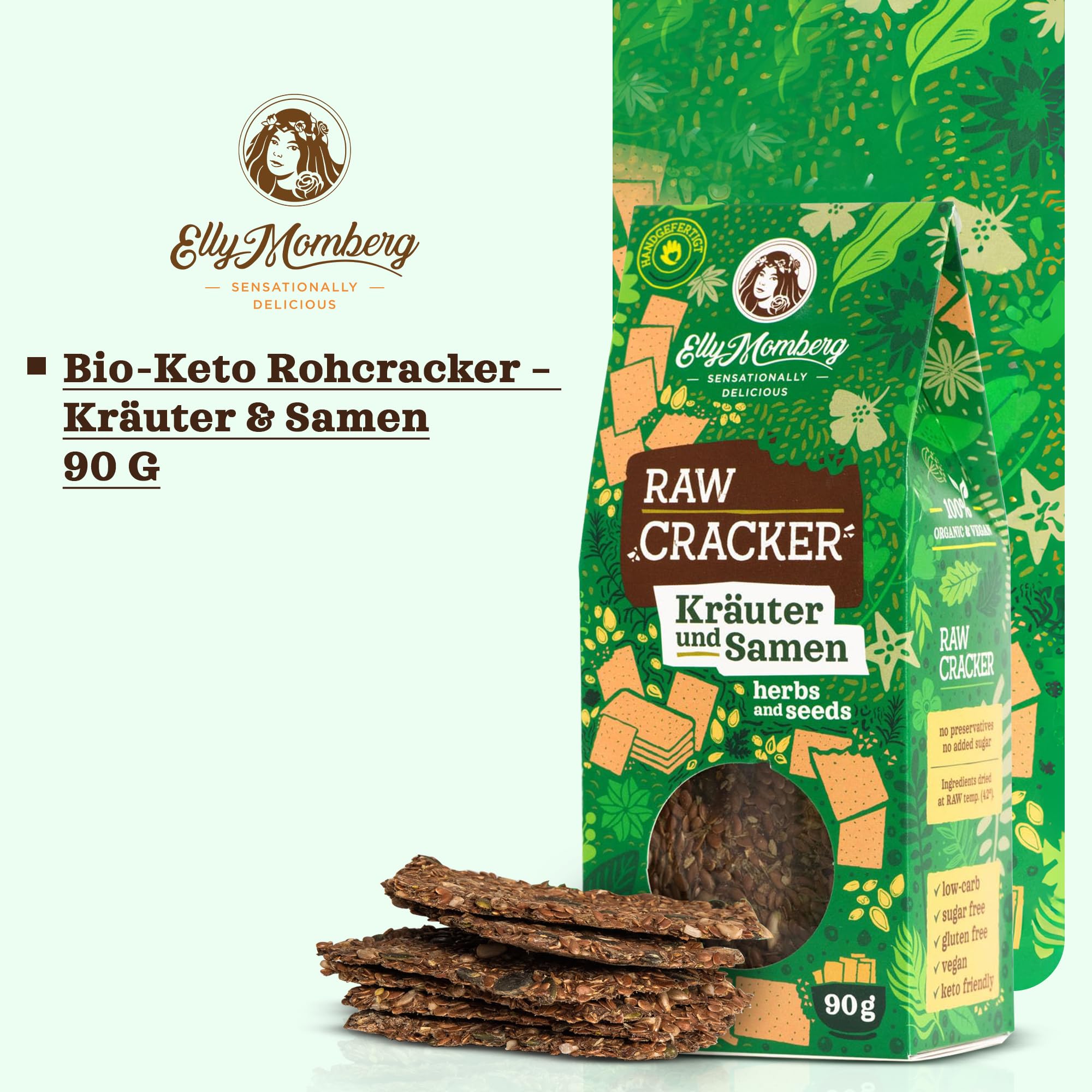 Elly Momberg Bio Leinsamen Cracker mit Saaten & Kräutern 90g (Kräuter & Samen) – Keto, Low Carb, Glutenfrei, Vegan, Ohne Zuckerzusatz – Rohkost Knäckebrot, Ballaststoffreich, Gesunder Snack 2