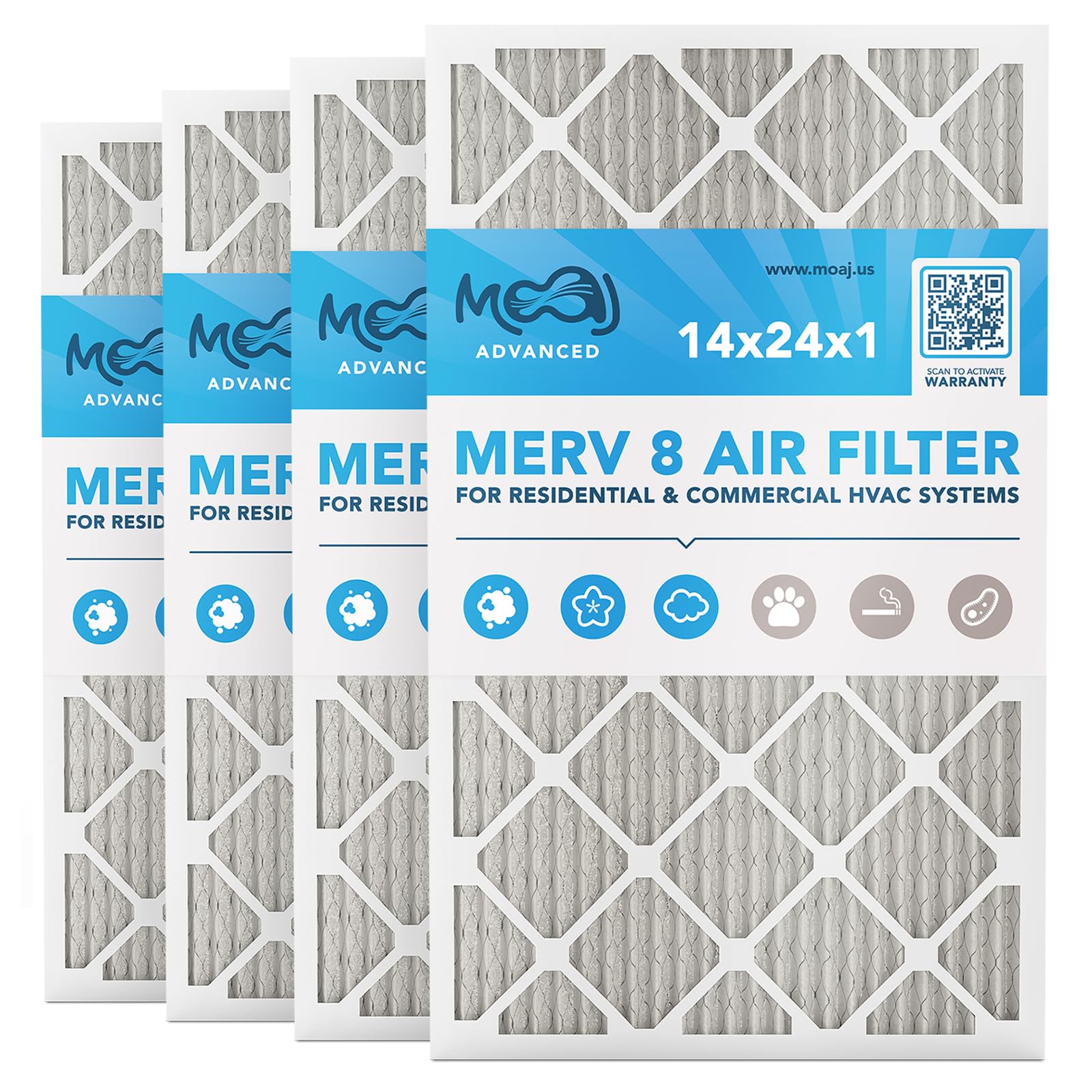 14x24x1 Air Filter (4-PACK) | MERV 8 | MOAJ Advanced Dust Defense | BASED IN USA | Quality Pleated Replacement Air Filters for AC & Furnace Applications | Actual Dimensions: 13.70” x 23.70” x 0.75” Image