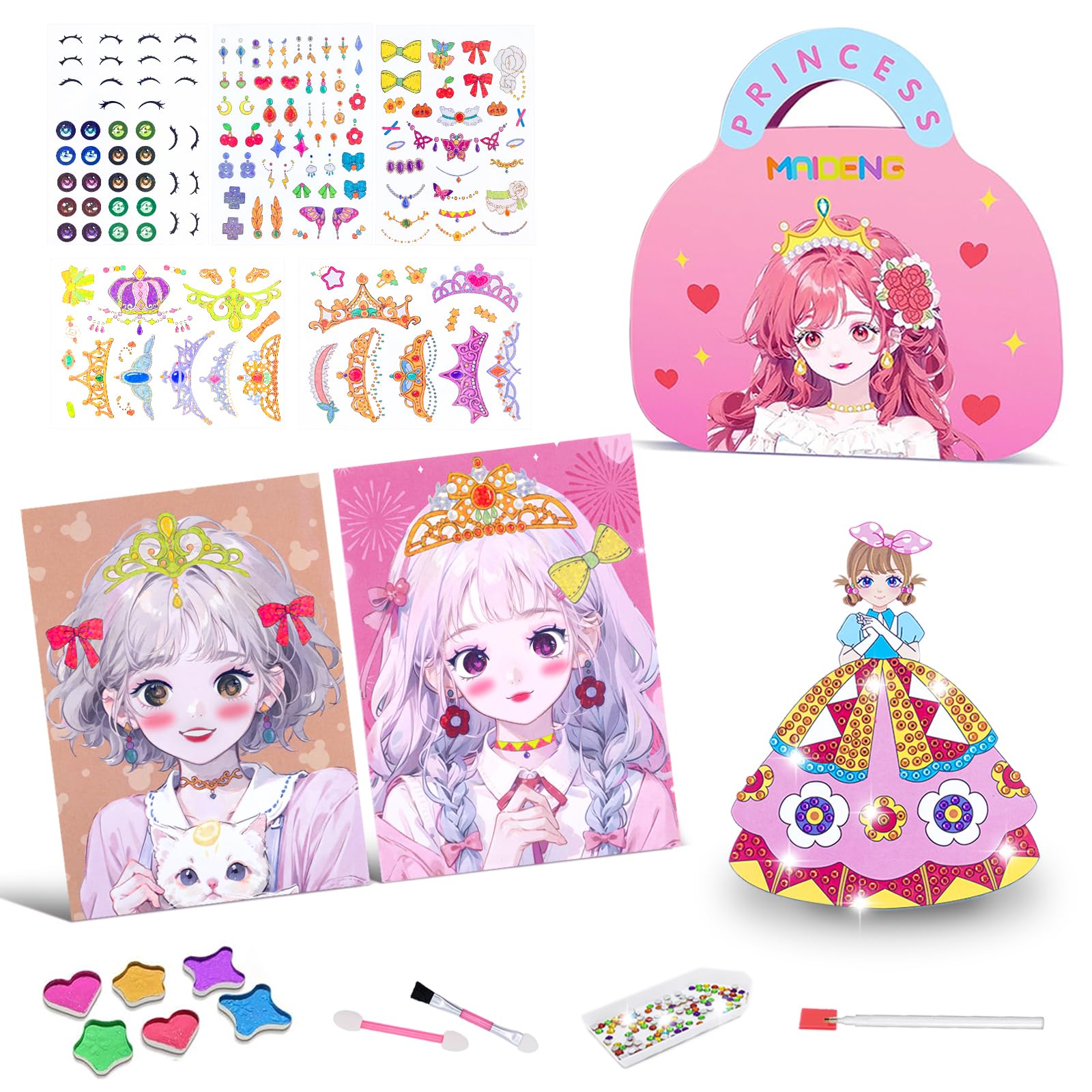 View 1 of Princess Dress Up Game Set, Paper Dolls for Girls Ages 4-7 Princess Makeup Sticker Book with Diamond Art Painting, Pretend Makeup Set, Art and Crafts for Kids Ages 8-12 Princess Toys for Girls