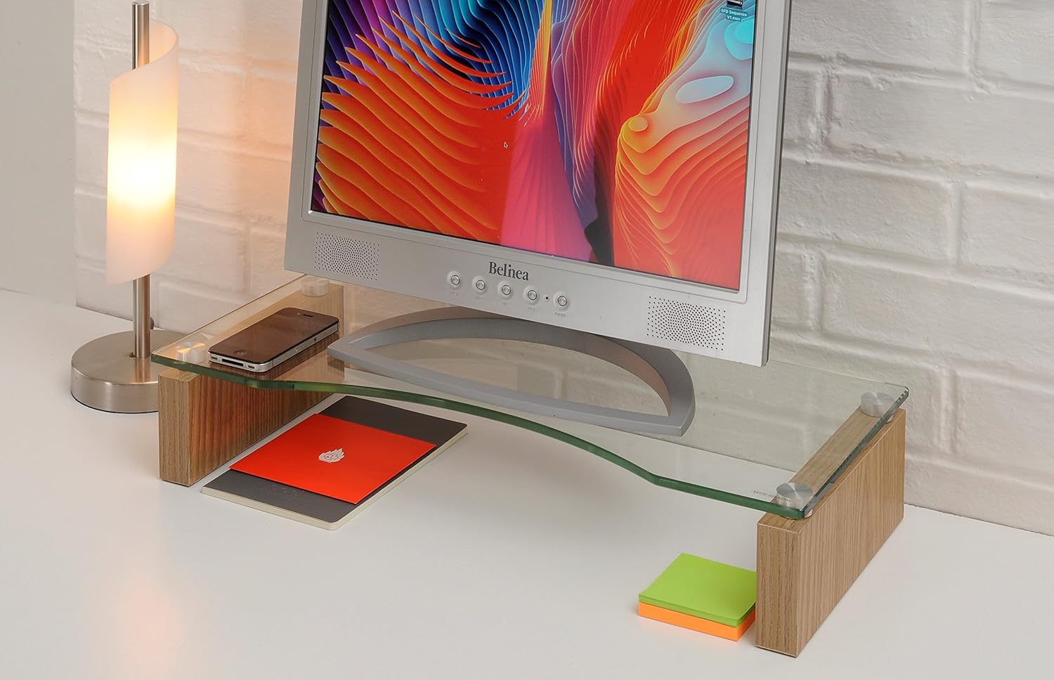 Ttap Glass Monitor Riser Stand - Oak Desk TV Laptop Shelf, Computer Desktop Monitor Lift, Light Oak / Clear Glass, 60cm x 24cm x 10cm - Image 3