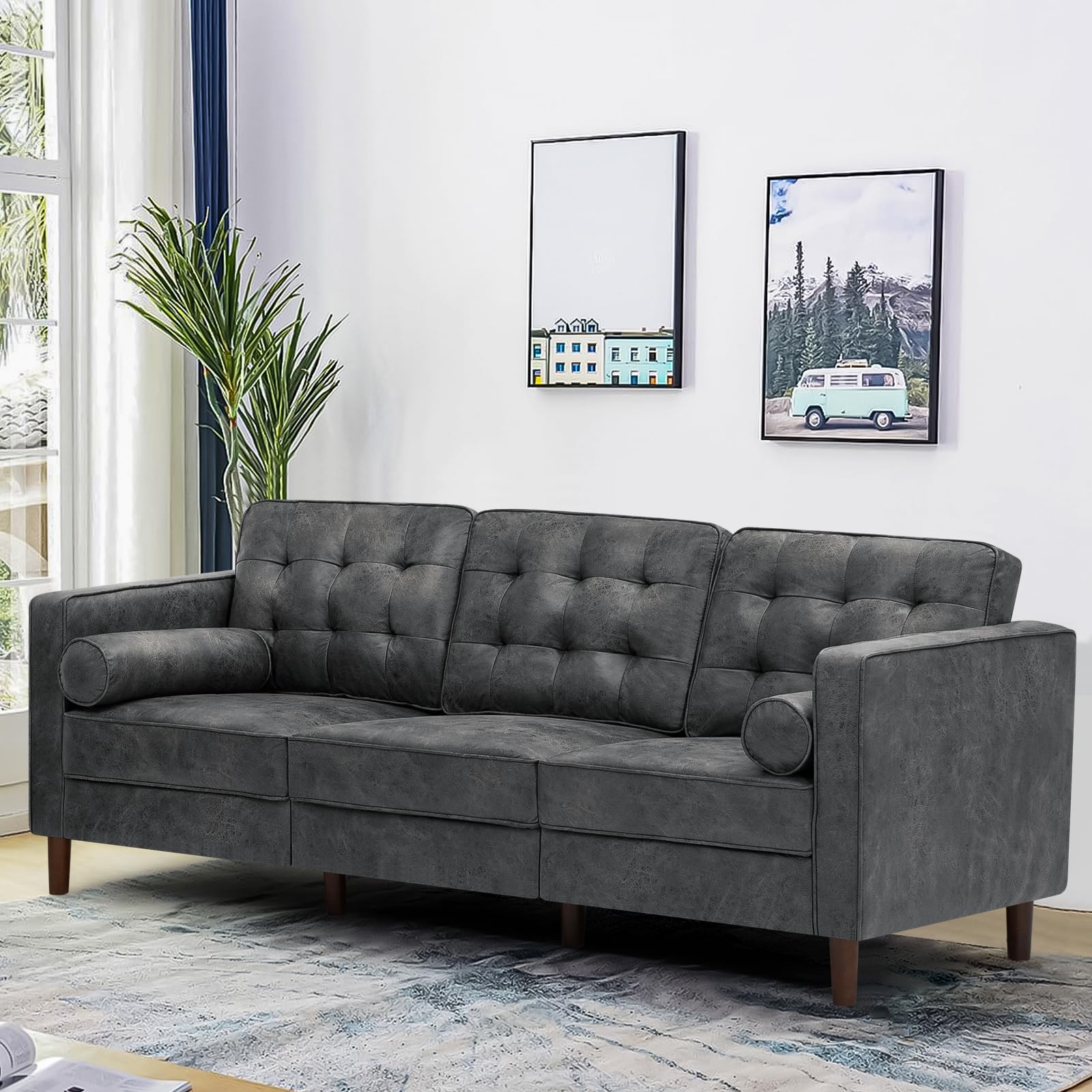 SIMILAR Lesofair 84" Faux Leather 3 Seater Sofa with 2 Bolster Pillows ...