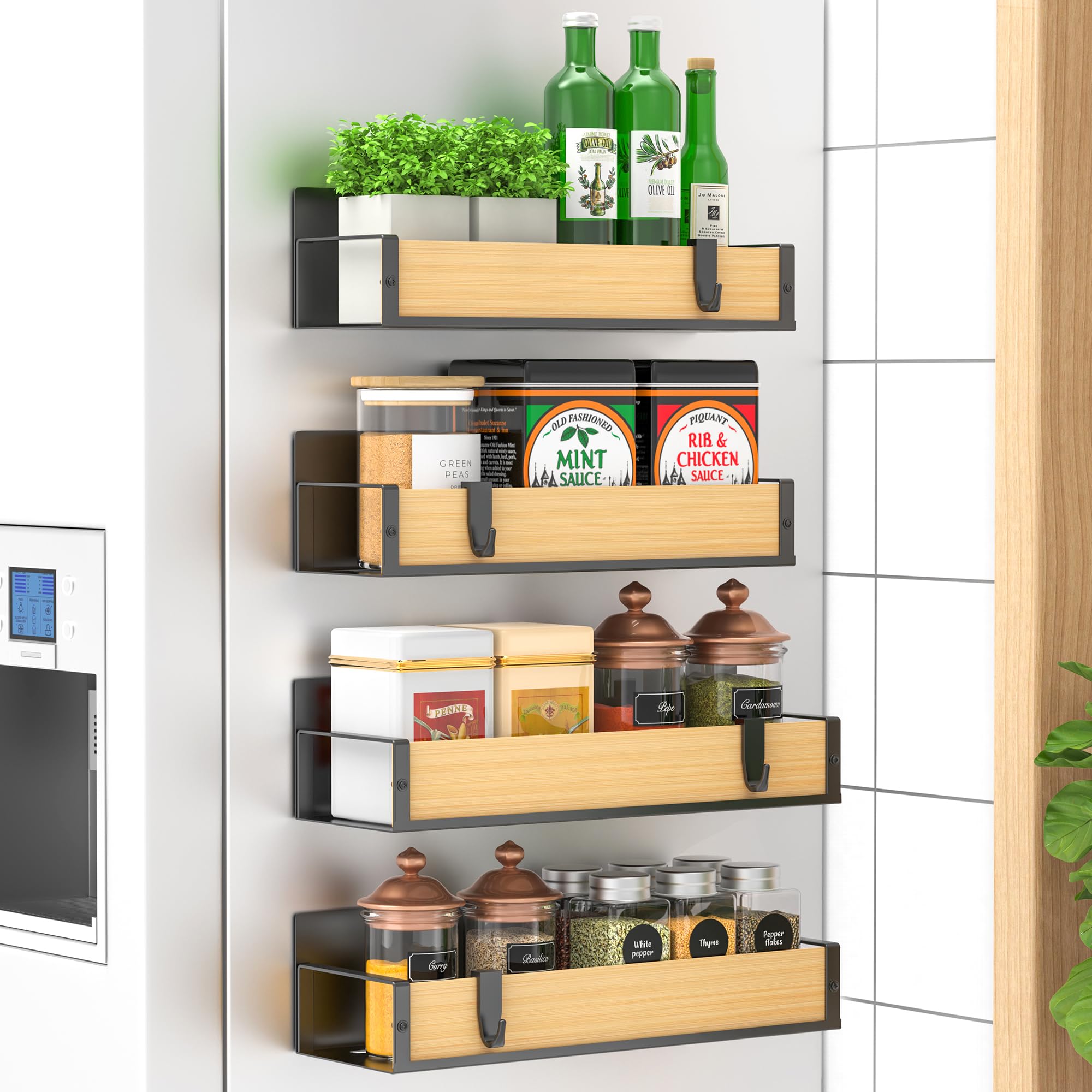 Photo 1 of HuggieGems 4 Pack Magnetic Spice Storage Rack Organizer for Refrigerator and Oven, Wood Fridge Organizers and Storage