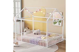 Bellemave Full Floor Bed Frame, Metal Montessori Floor Bed Full with Fence for Boys Girls Bedroom Playhouse for Kids No Slat, Easy Assembly House Shaped Floor Beds White