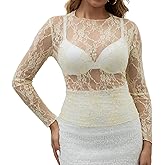 Enyprok Women's Mesh Top Long Sleeve Mock Neck Sheer Blouse See Through Floral Lace Tops