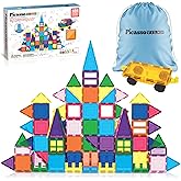 PicassoTiles 101 PCs Magnetic Tiles Building Blocks with Car & Drawstring Carry Bag Toy Storage Magnet Block for Toddlers Kid