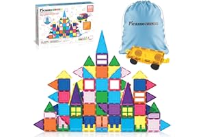 PicassoTiles 101 PCs Magnetic Tiles Building Blocks with Car & Drawstring Carry Bag Toy Storage Magnet Block for Toddlers Kids STEM Toy Set Educational Tile Learning Brain Development Ages 3+ PC101