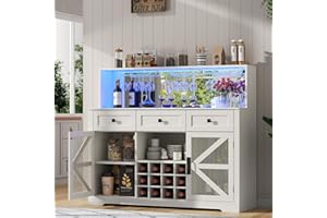 Gyfimoie Farmhouse Wine Bar Cabinet with LED Lights, Kitchen Coffee Bar Cabinet with Acrylic Mirror, Wine & Glass Rack, Storage Shelves and 3 Drawers (Signle Hutch)