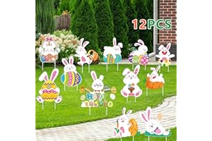 BWFY 12 PCS Easter Yard Signs Corrugated yard Outdoor Decorations Bunny Easter Eggs Yard Stakes for Party Decorations Supplies Prop Spring Decor