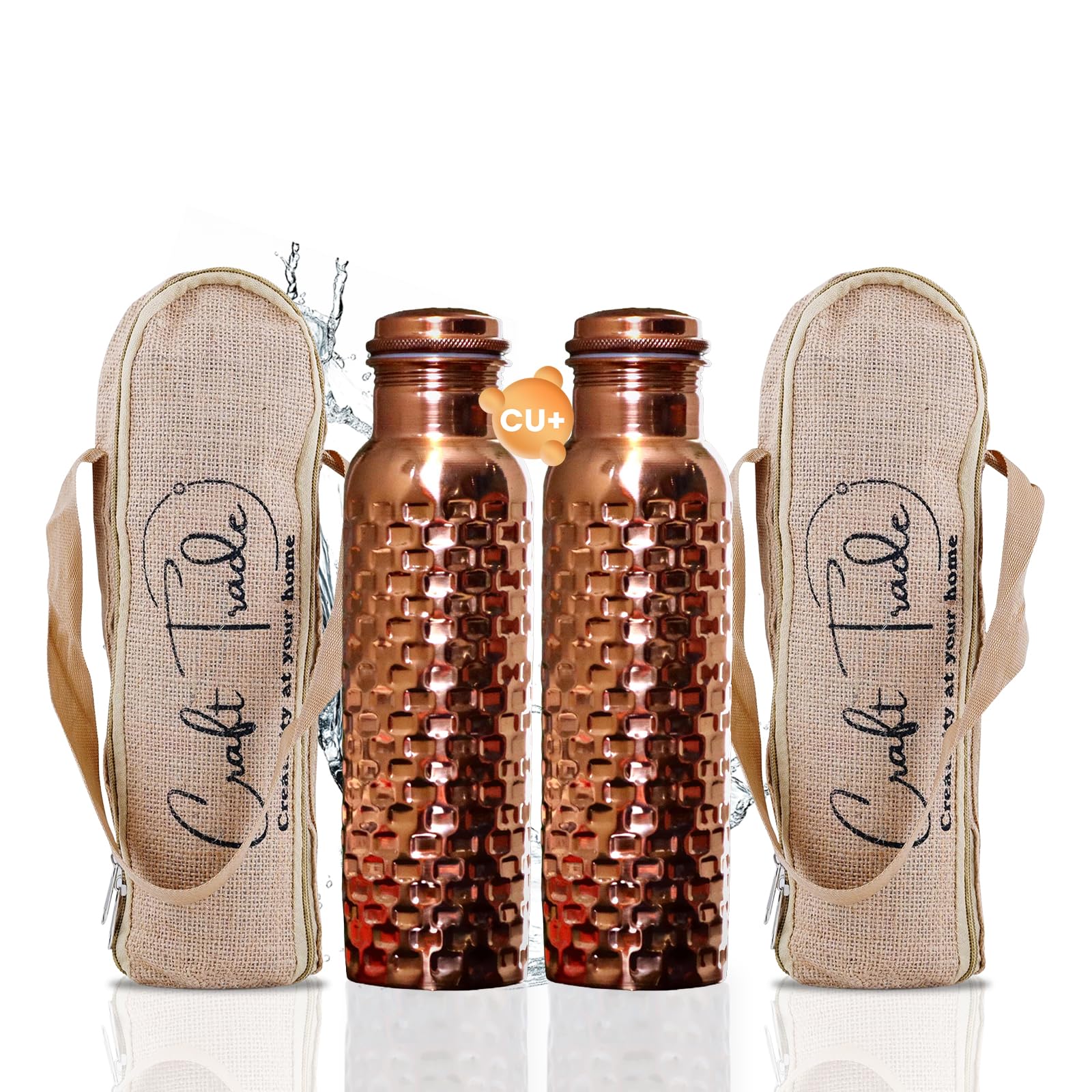 Craft Trade Set of 2 Diamond Pure Copper Bottle with Lid and Carry Bag for Drinking Water BPA Free Leak Proof Boosts Immunity & Liver Health, Ayurveda Inspired 34oz - 1 Litre Natural