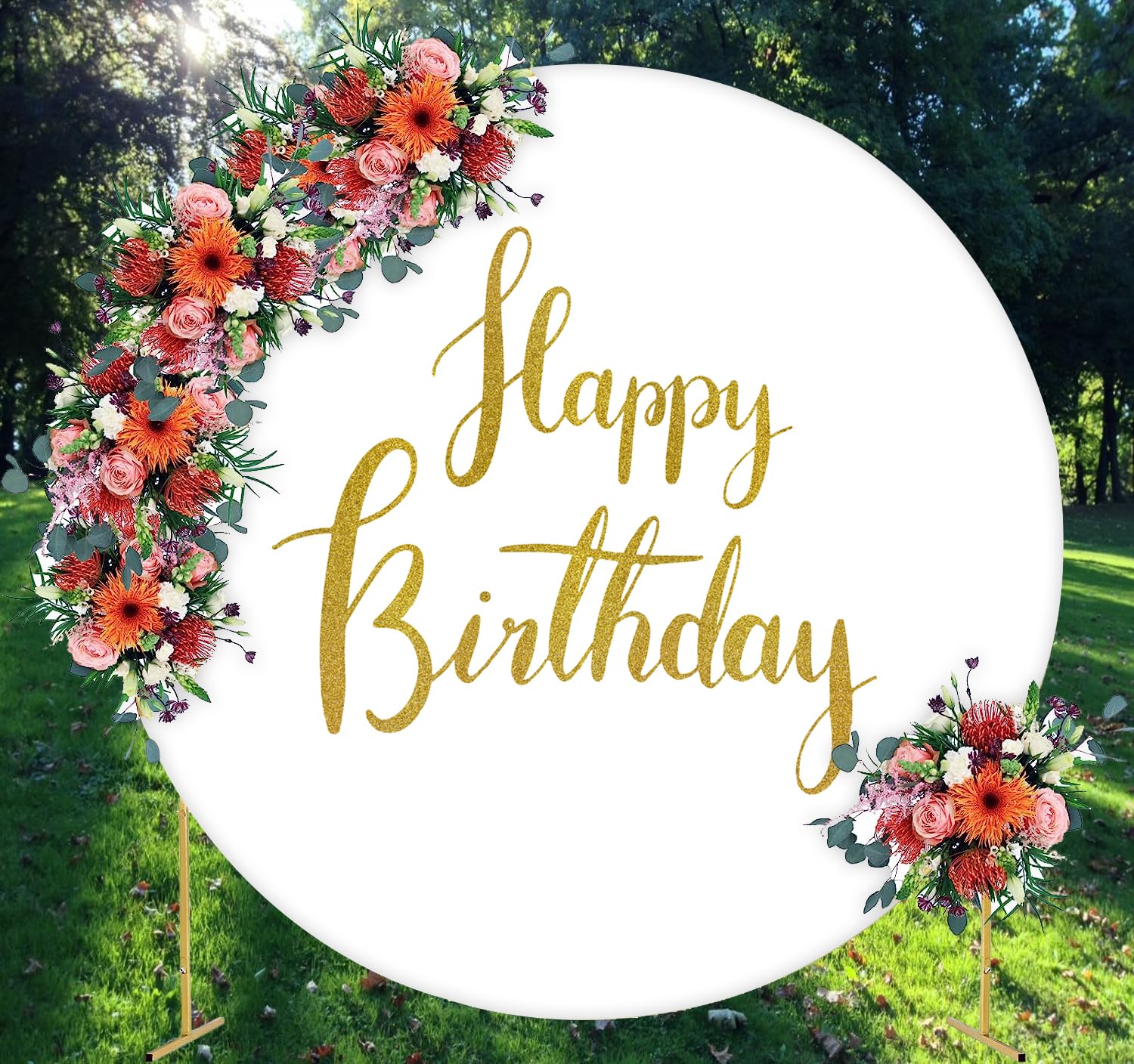 Photo 1 of Jditngp Gold Happy Birthday Sign Round Backdrop Cover 6.5ft,White Circle Background Cover with 4Clips, Round Backdrop for Photography Gold Happy Birthday Kids Baby Party Decoration Banner