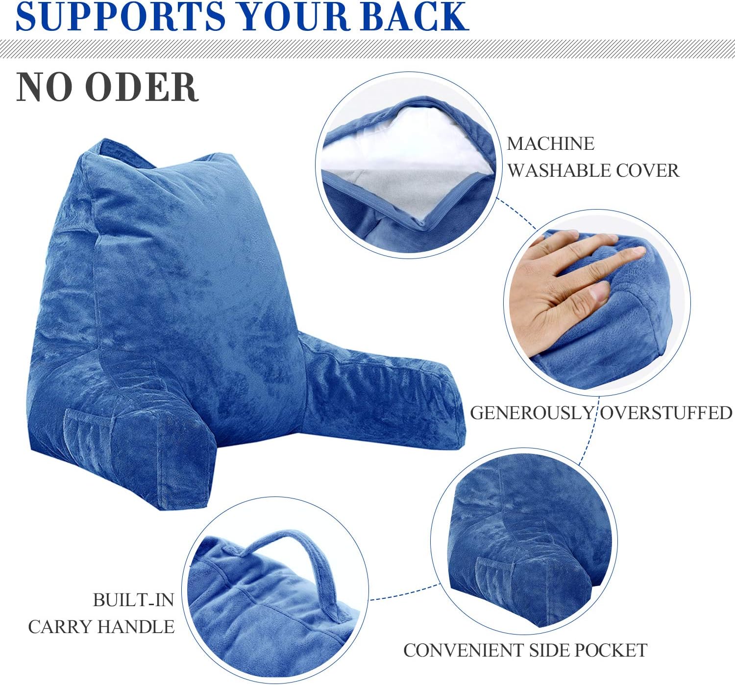 FASO Reading Pillow with Arms for Sitting in Bed，Adult Back Support for Bed with arms,Backrest Lounge Cushion with Pockets for Reading/Watching TV-18inch(Navy Blue): Kitchen & Dining