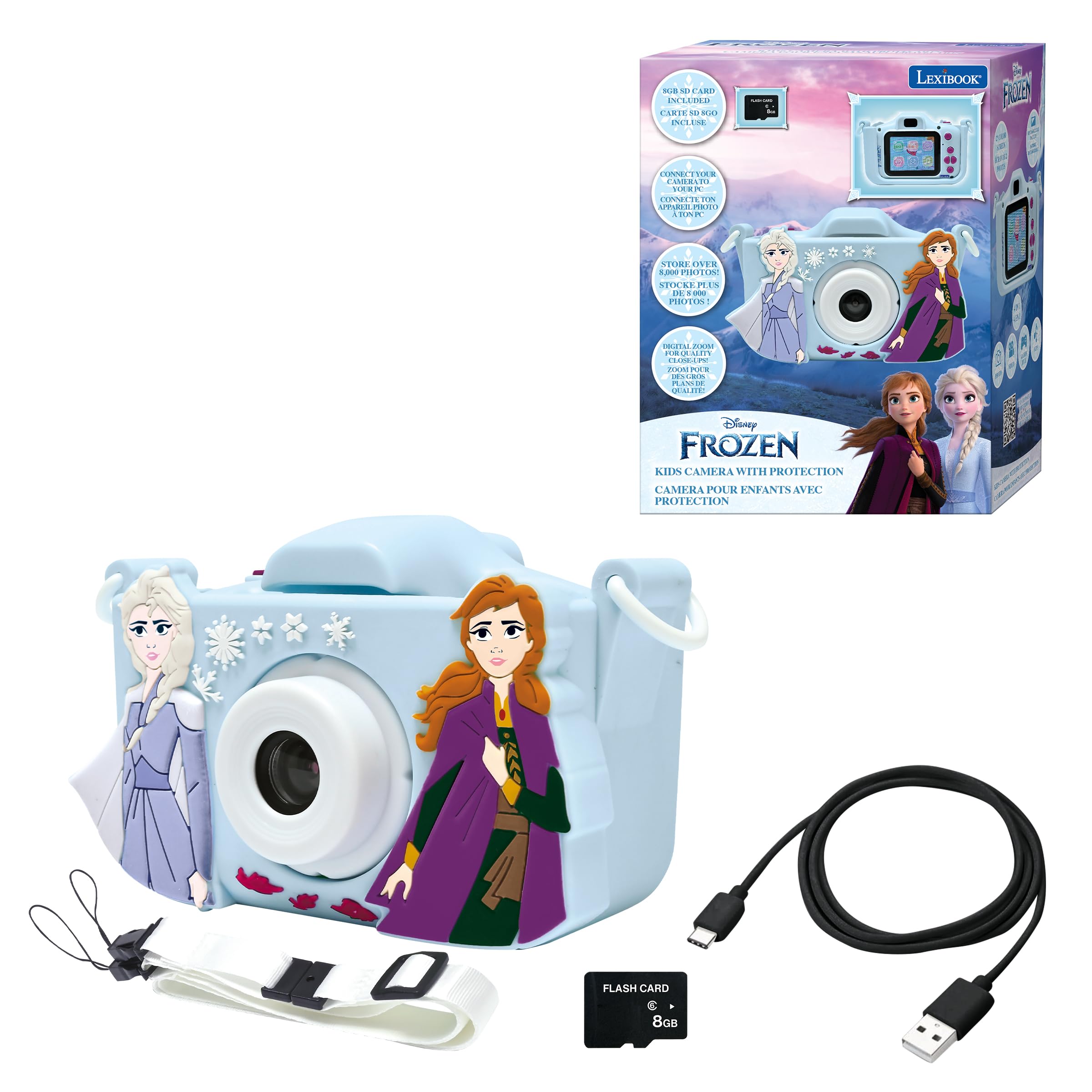 Lexibook DJ078FZ Anna, Elsa, Frozen, 4-in-1 camera for children with protection, video, MP3 and game functions, 15 frames to personalise your photos, 8 GB memory card included