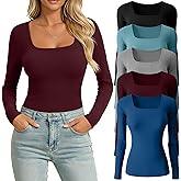 Huukeay 5 Pack Long Sleeve Shirts for Women Square Neck Tops Slim Multipack Cotton Casual Basic Tee Layer Undershirts(Black, Indigo, Light Gray, Wine Red, Lake Blue,Large)
